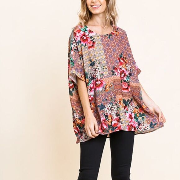 Umgee Oversized Boho Mixed Floral Print Blouse Top SZ M - Picture 1 of 5